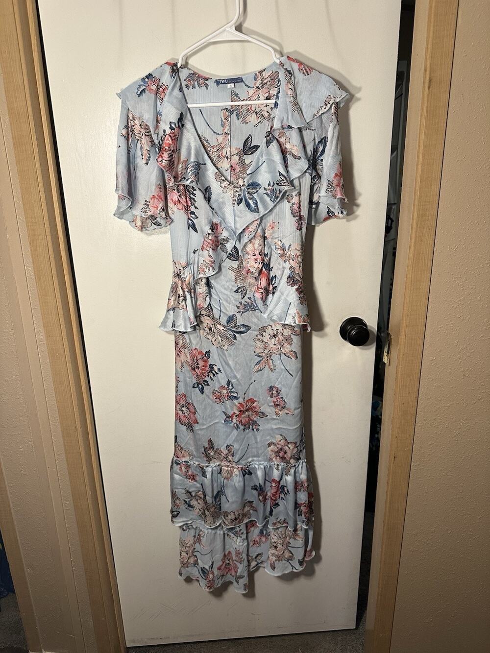Truly Me Blue Pink Floral dress Ruffled Tiered Lightweight SZ S Cottagecore Maxi